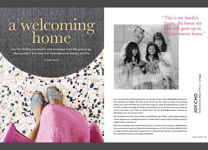 Magazine spread featuring Joy Cho discussing her family home and balancing work, life, and design