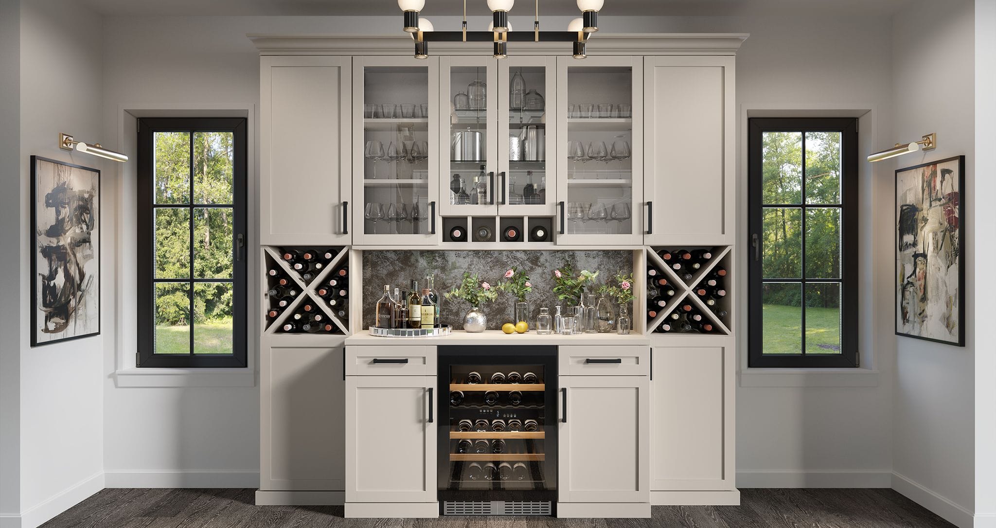 Pantry cabinets with built in shelves, drawers and wine storage in light wood grain finish created by California Closets