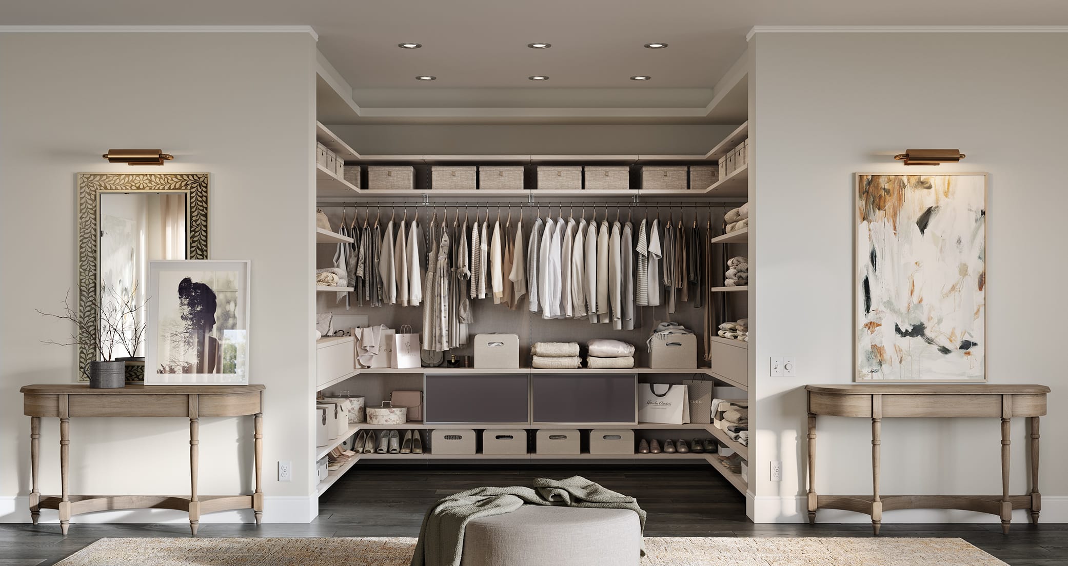 A u-shaped walk in closet design with floating shelves and hanging rods in light wood grain finish by California Closets