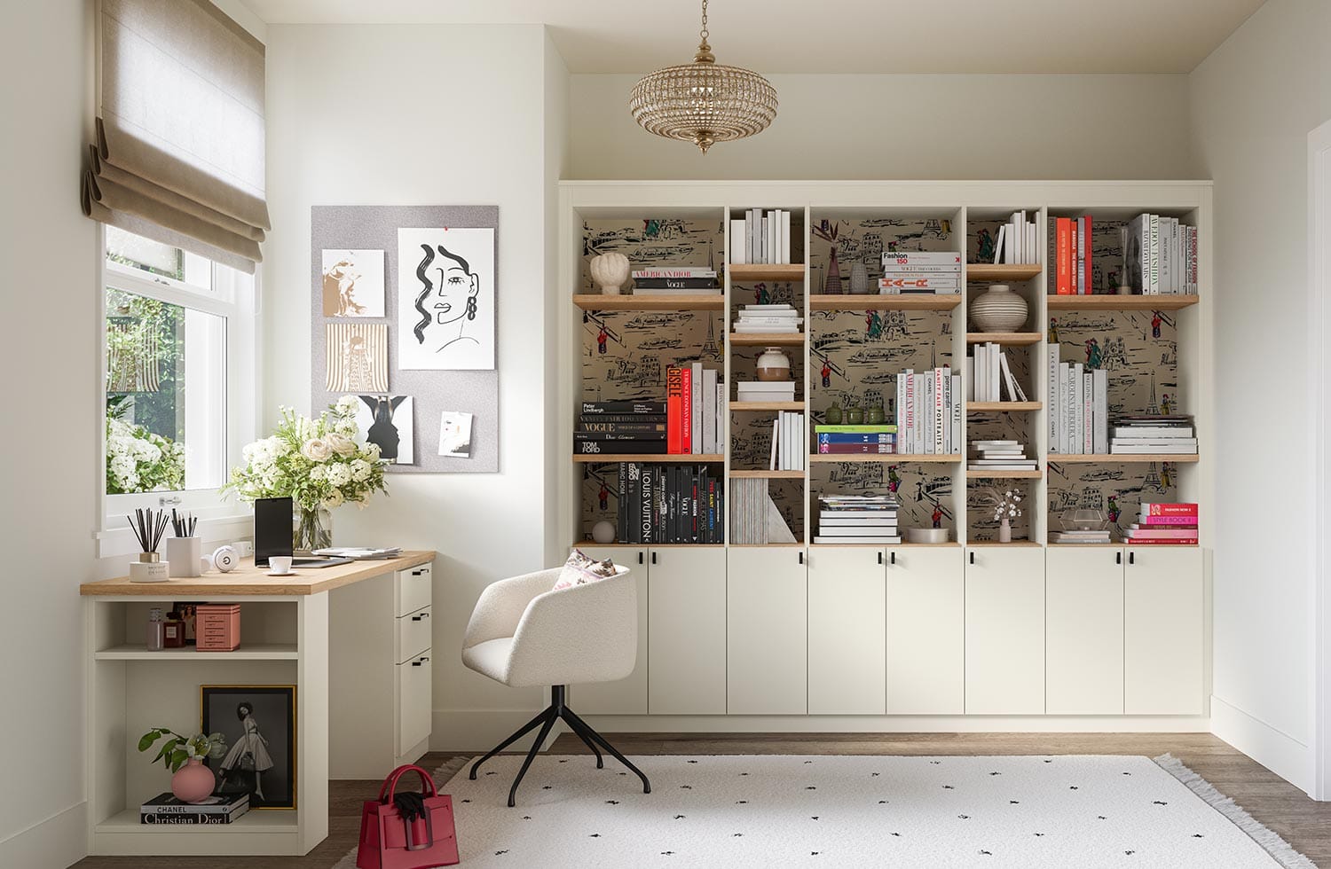 Workspace systems for home in an off white finish with custom bookshelves by California Closets
