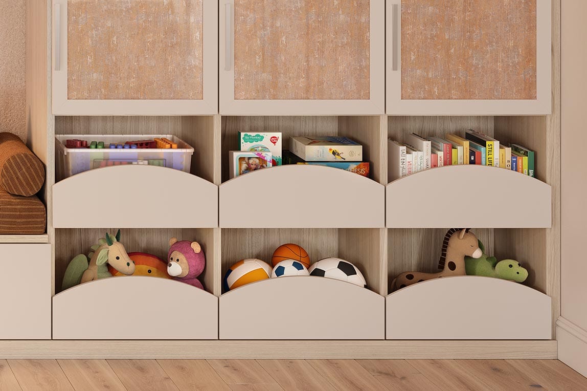 Playroom storage ideas for toys in living room in a light wood finish by California Closets