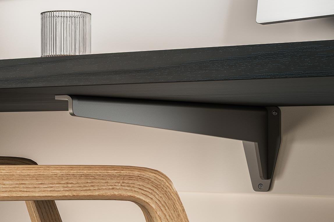Support brackets shown below a custom desk design from California Closets