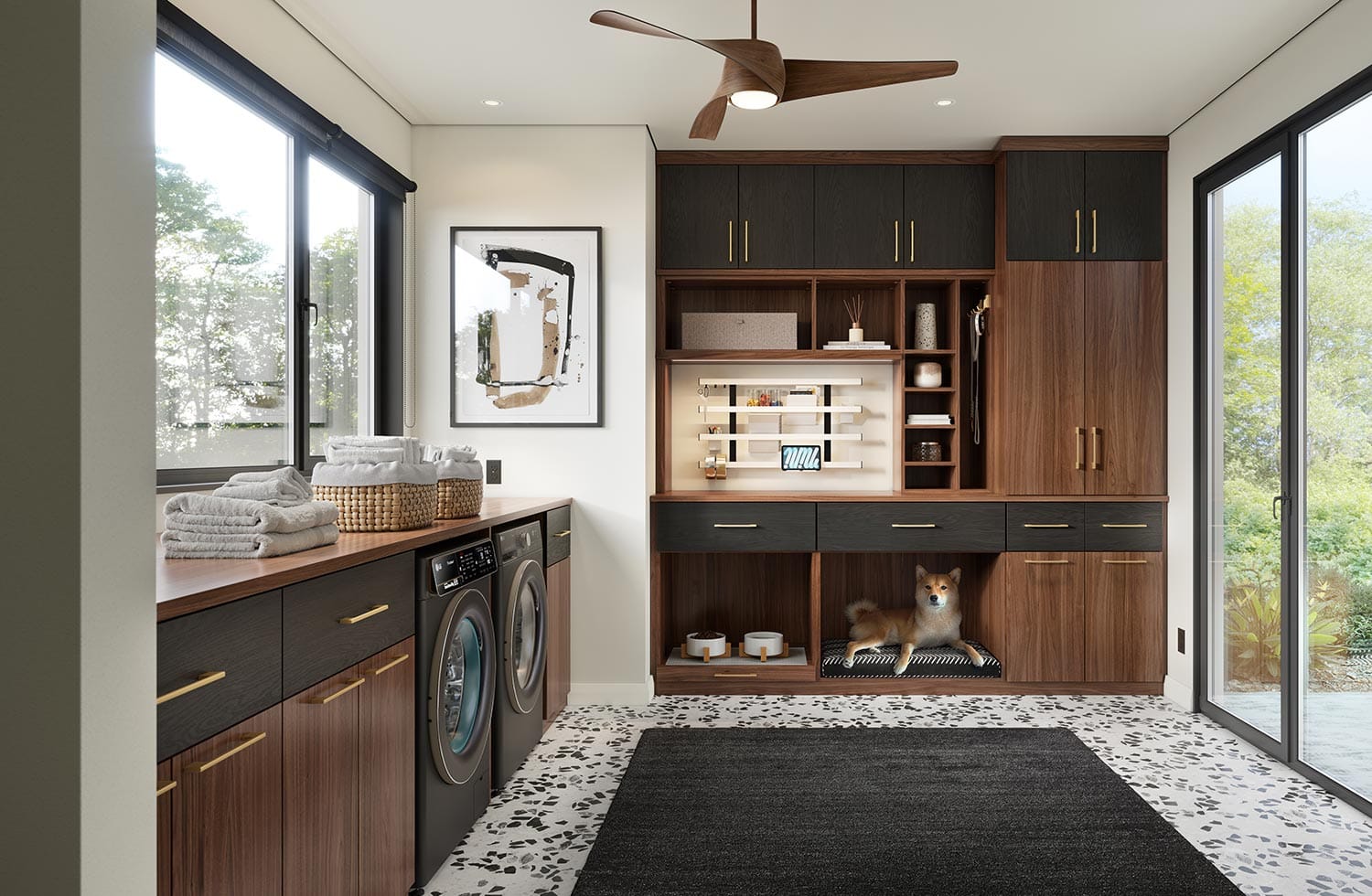 Custom mudroom and library dual design with cabinets and pet bed by California Closets