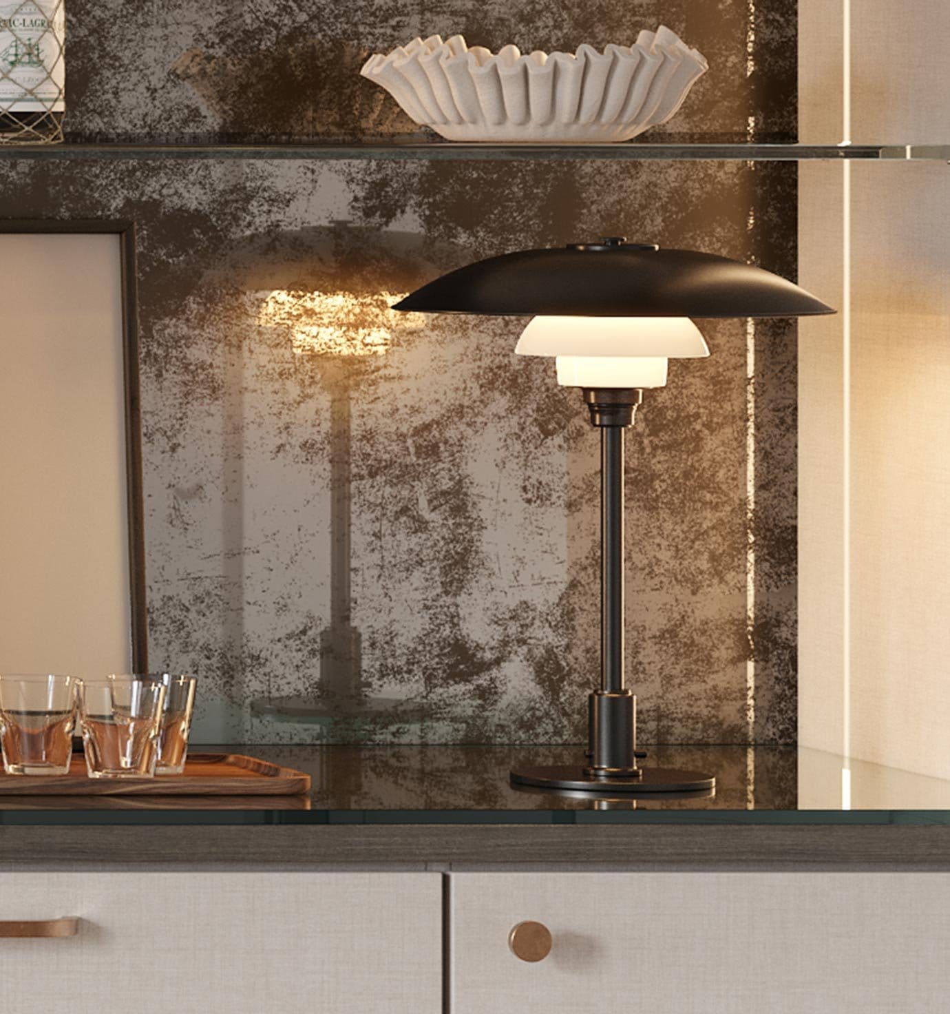 Glass back panel and countertop designed for a home bar by California Closets